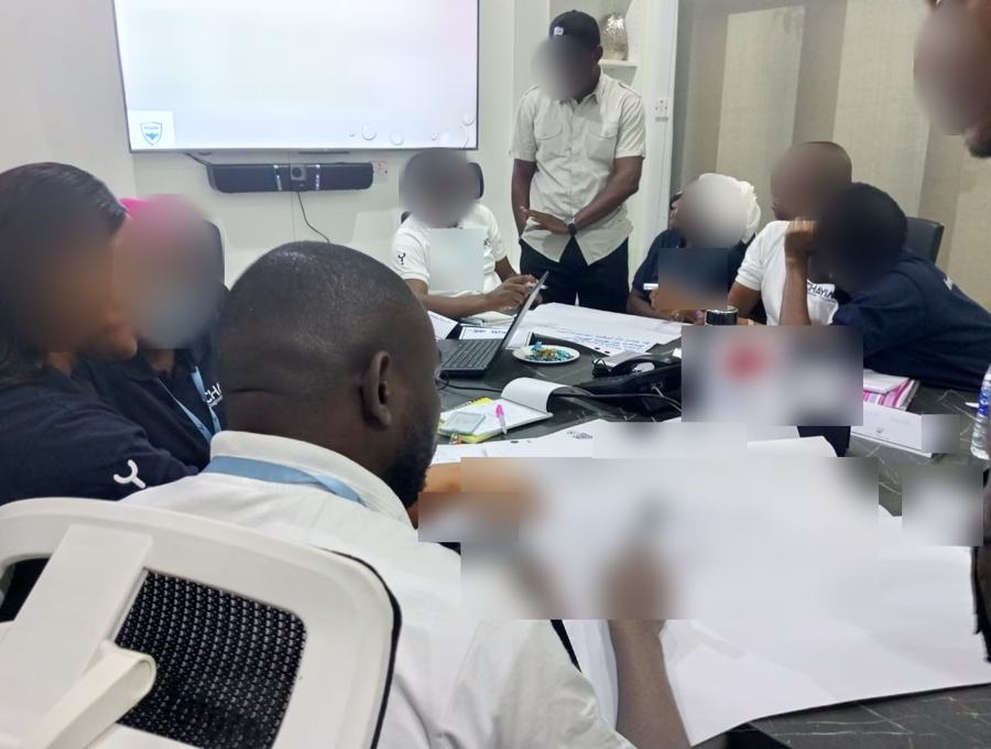 Group exercise: Teams work through a venue-security scenario. Faces and written details are blurred for privacy.